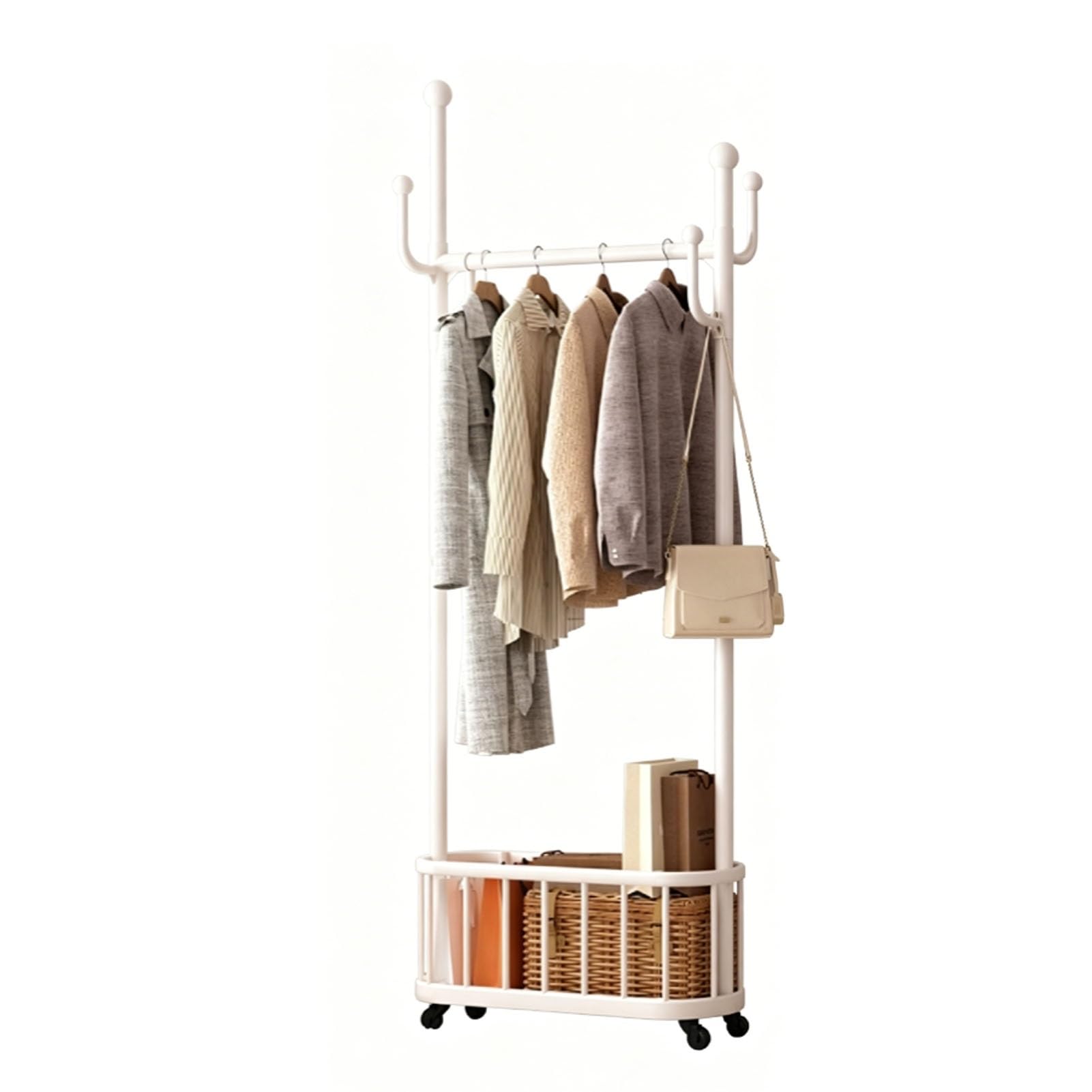 YAOHY Clothes Rack With Wheels, Portable Garment Rack with Storage Basket, Rolling Clothes Rack For Garment Rack for Bedroom, Laundry Room(White,23.6in/60cm)