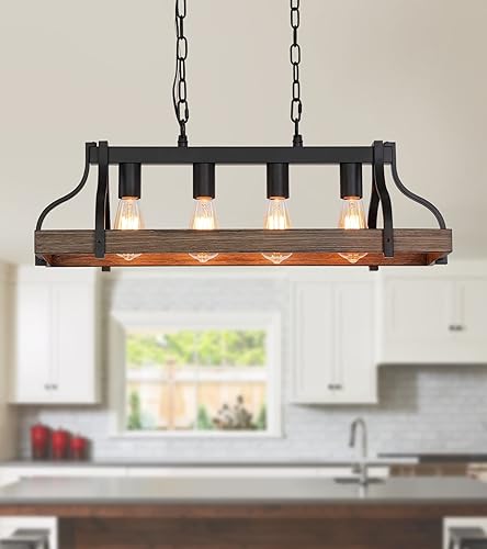 Lámpara rústica para isla de cocina, comedor, lámpara lineal de granja, acabado de madera retro y 4 luces, colgante de metal industrial con