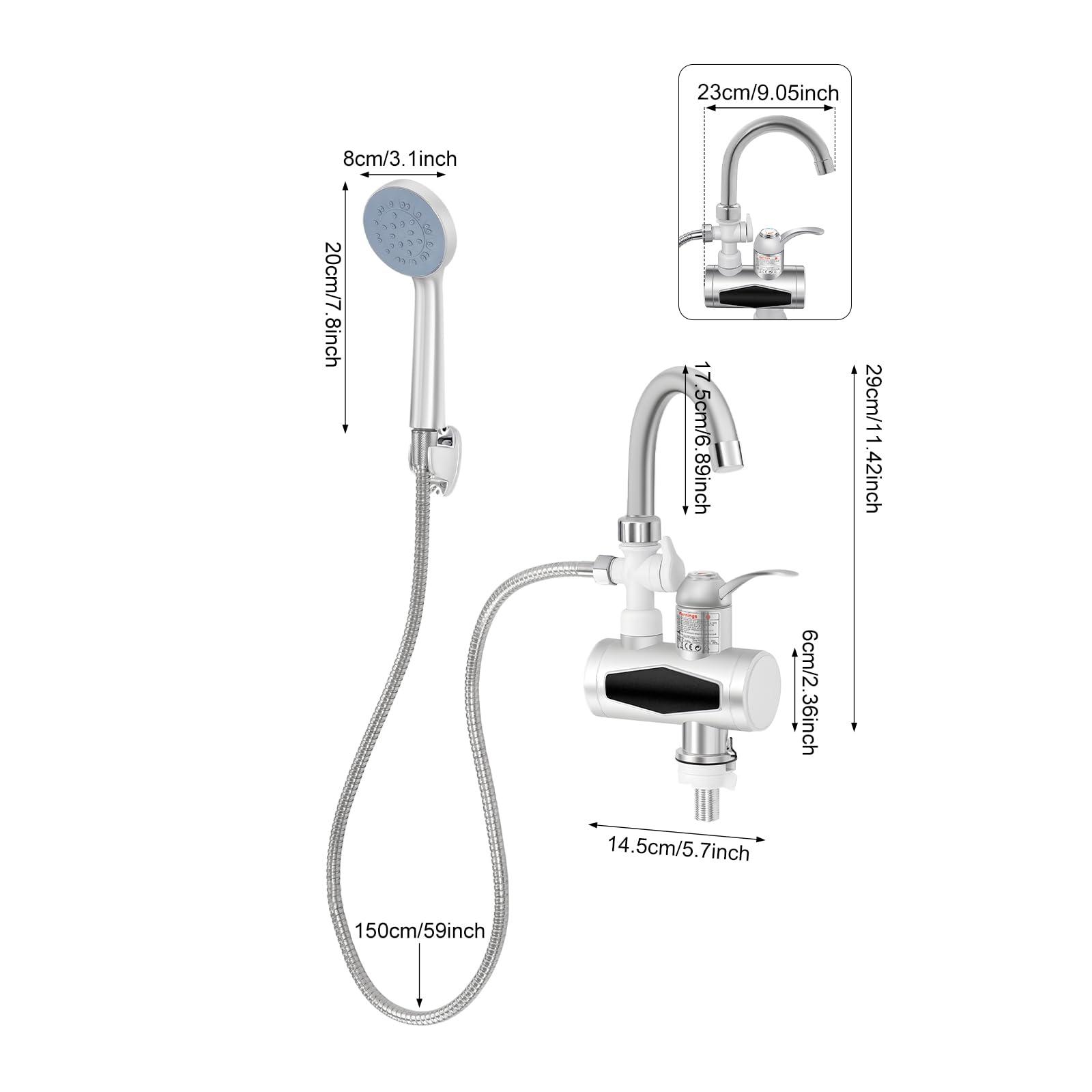 Robinet de chauffe-eau électrique, avec douche, eau chaude, pour baignoire et cuisine, pivotant à 360°, avec pommeau de douche et affichage LCD de la température, chauffe-eau instantané