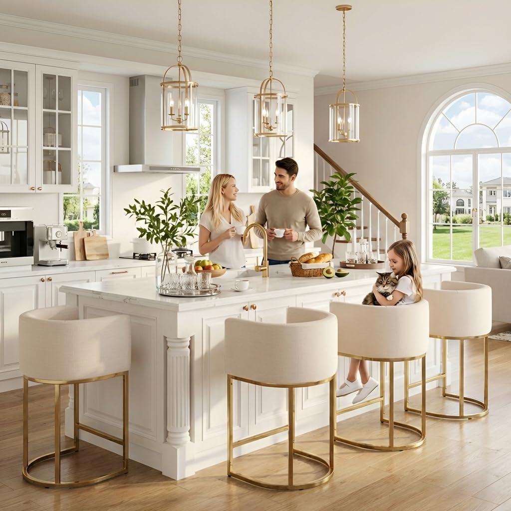 HNY Modern Counter Height Linen Cream Fabric Upholstered Counter Stool Set of 3, 24 Inch Kitchen Island Stool with Gold Metal Frame