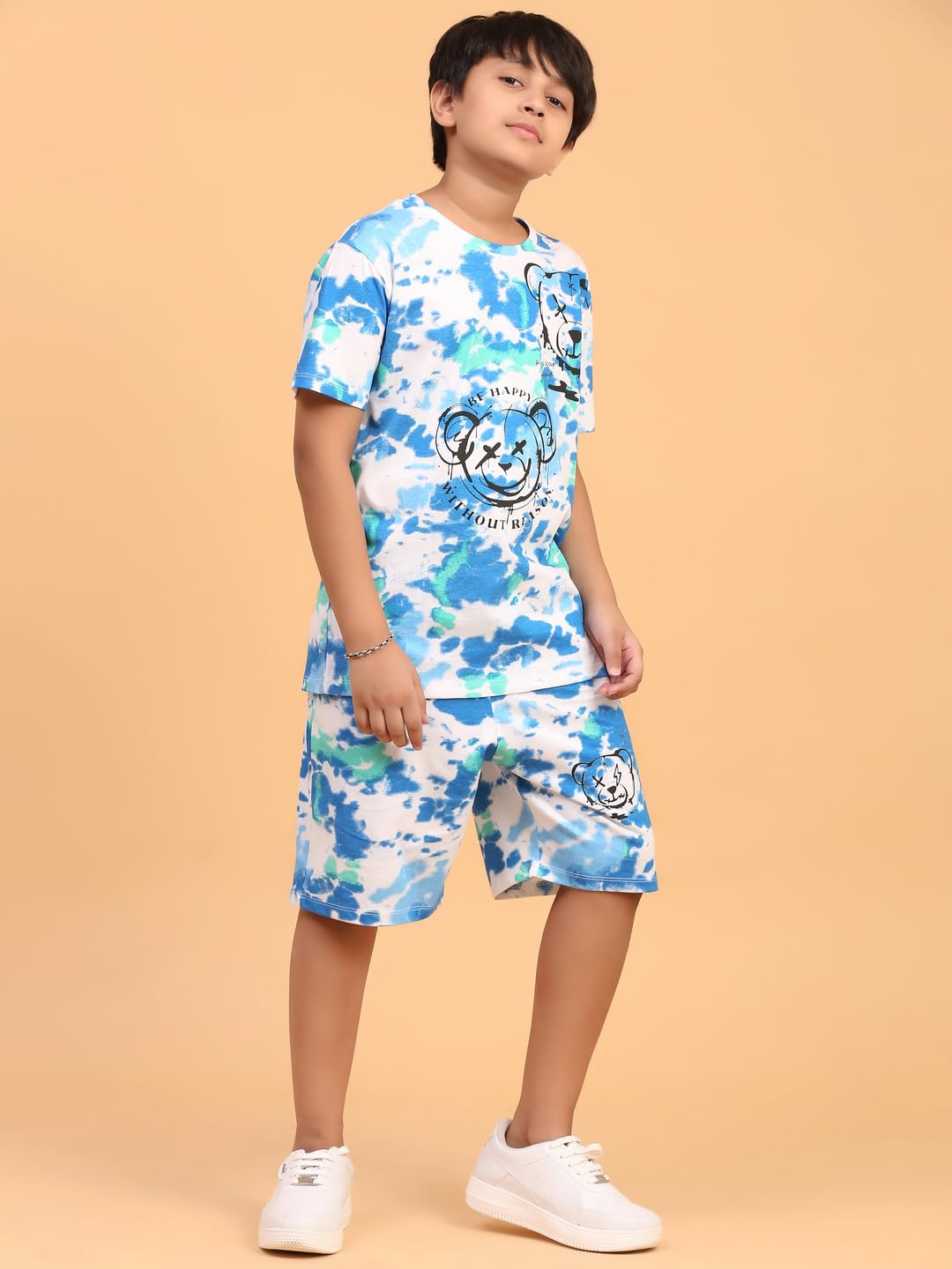 Ninos Dreams Boys Cotton T-shirt & Shorts Coord set/Boys' Soccer Ball - Dinosaur Print Cotton Coord Set - Casual Summer Tee & Shorts Outfit for Kids (12-14 Years, Blue White) 2