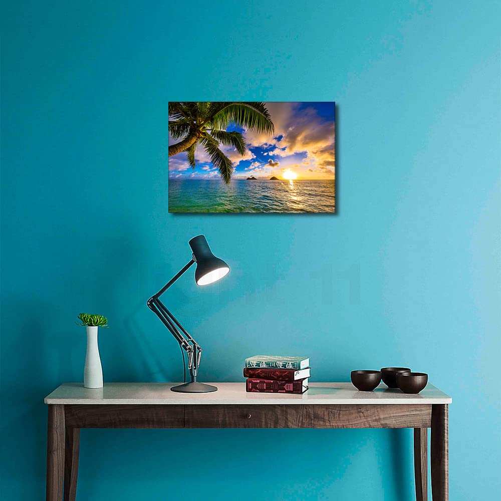 TISHIRON Canvas Wall Art Blue Sky White Cloud Beach Coconut Trees Prints Painting Stretched and Framed Paintings Ready to Hang for Home Decorations Office Wall Decor 18X12inch - Image 2