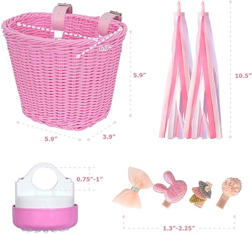 Miniatura 4 de RAYMACE Cesta de bicicleta para niños, juego de campanas, cesta para manubrio de bicicleta para niños con 4 pinzas para el cabello para niña, kit de
