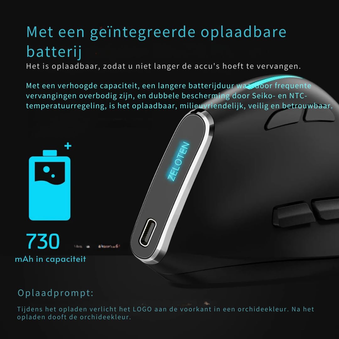 DrPhone Elementkey F36 Verticale Muis 2.4Ghz USB + Bluetooth 5.0/3.0 – Ergonomisch – 8 Knoppen – 4800DPI – Programmeerbaar – RGB