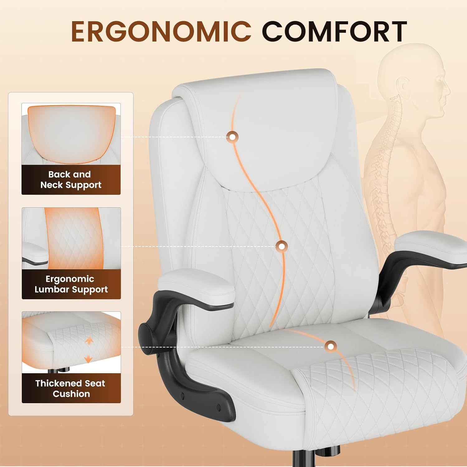 GTPLAYER Leather Office Chair, Home Desk Chair with Flip-up Arms and Ergonomic Back - Comfy Heavy Duty Executive Chair for Home Office Gaming, White
