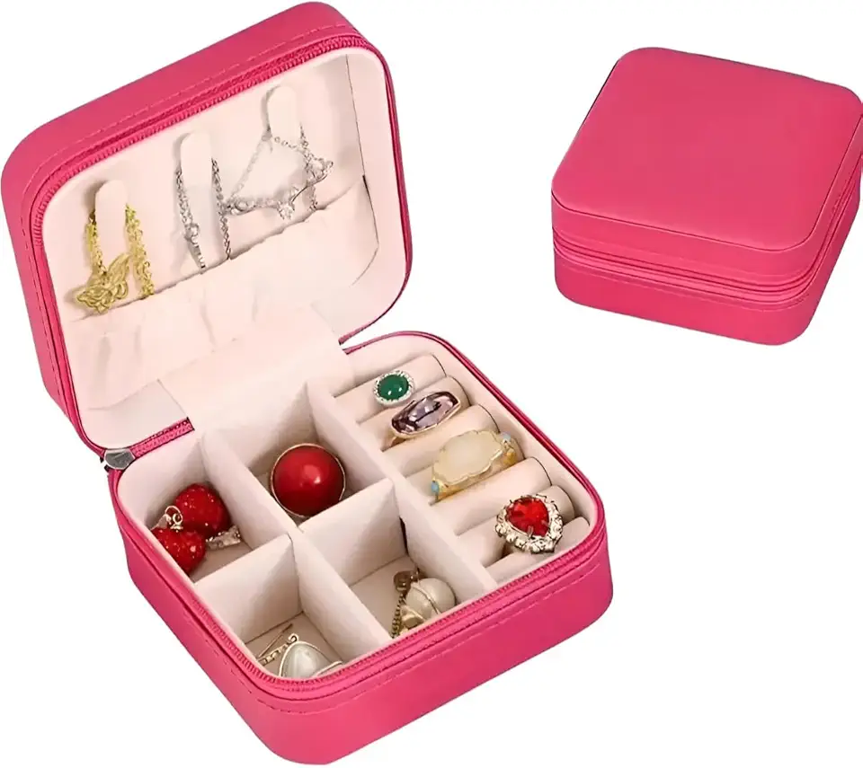 Porta Joias Pequeno Couro Mini Estojo Organizador de Joias Bijuterias Colar Pulseira Relógio Ideal para Viagens e Organização de Armário Portátil (Rosa Escuro)