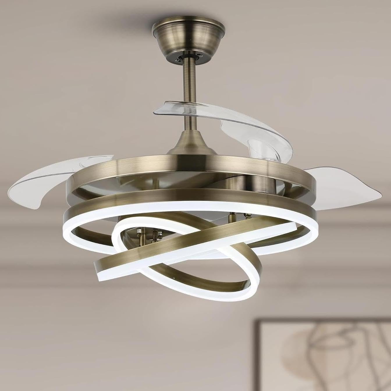 42" Retractable Fandelier Ceiling Fan with Lights Remote - Silent Dimmable Modern 6 Speed LED Chandelier Fan for Bedroom Living Room Kitchen