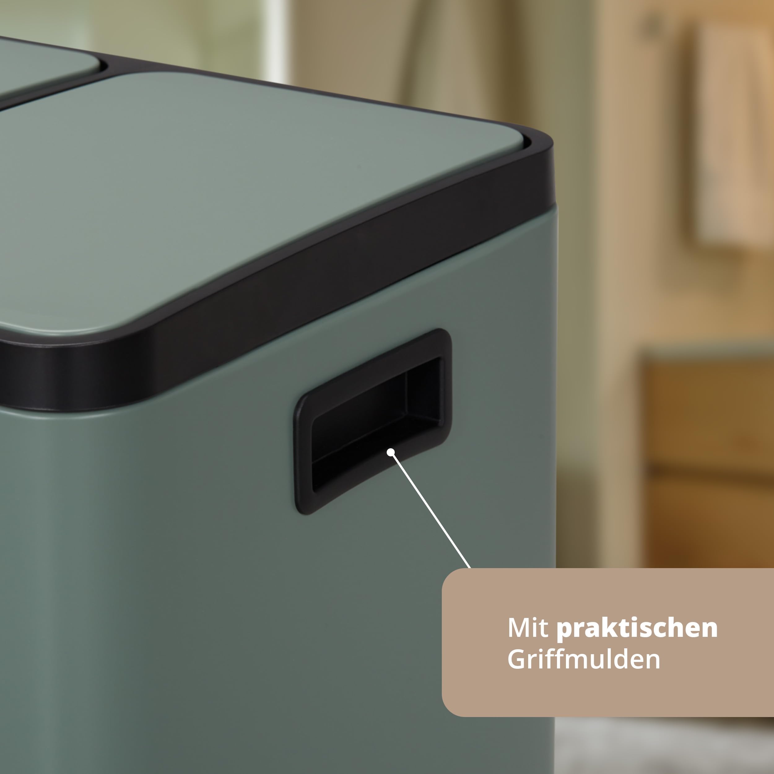 KHG Mülleimer 30 Liter (2x15L) Grün mit Tretfunktion - Abfalleimer zur Mülltrennung mit 2 separaten Deckeln, pulverbeschichtetes Eisen, herausnehmbare Inneneimer aus Kunststoff