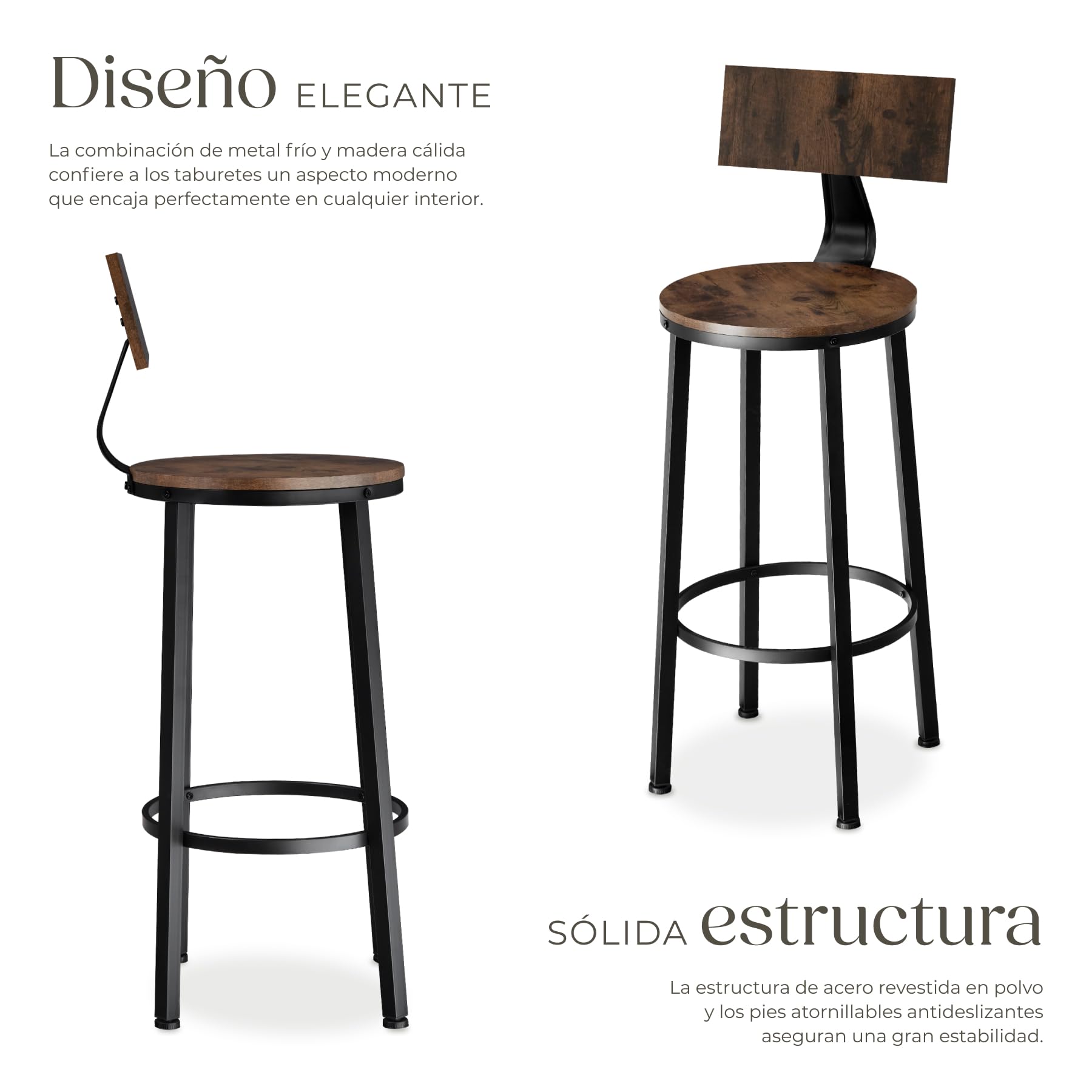 tectake® Taburete con Respaldo, Taburete Alto Cocina con Estructura de Acero, Taburetes Madera para Isla Cocina Resistentes, Sillas de Comedor - Set de 4 Madera Industrial Oscura, Rústica