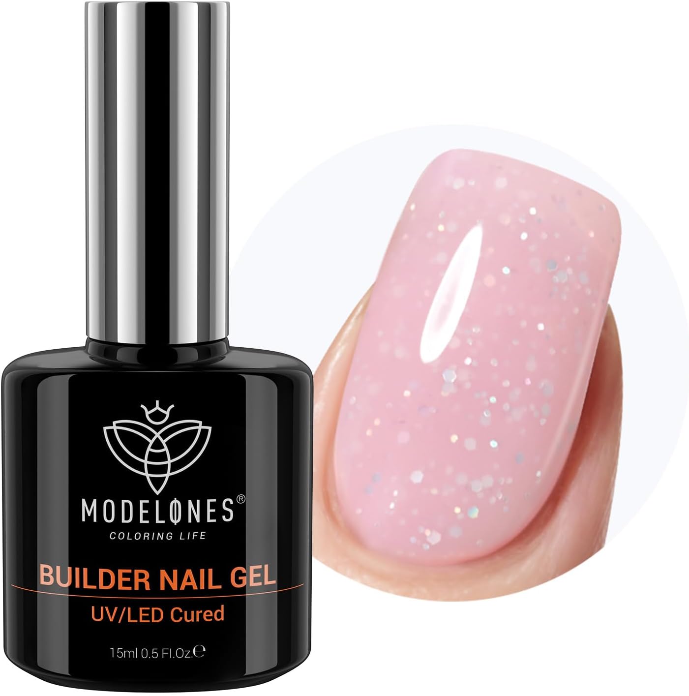 modelones Builder Nail Gel, 8-in-One Nude Pink Glitter Builder, Rainbow Iridescent Shimmer Nail Gel Polish, Jelly Pink Sparkle LED Lamp Cured Hard Rubber Color Base for Home DIY Salon Girls