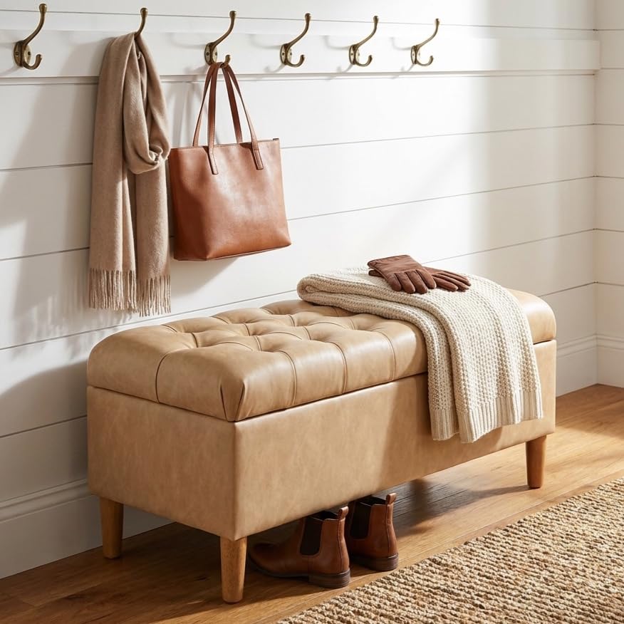Image of HomePop 40 inch Button Tufted Storage Bench with Cone Wood Legs - Sand Faux Leather