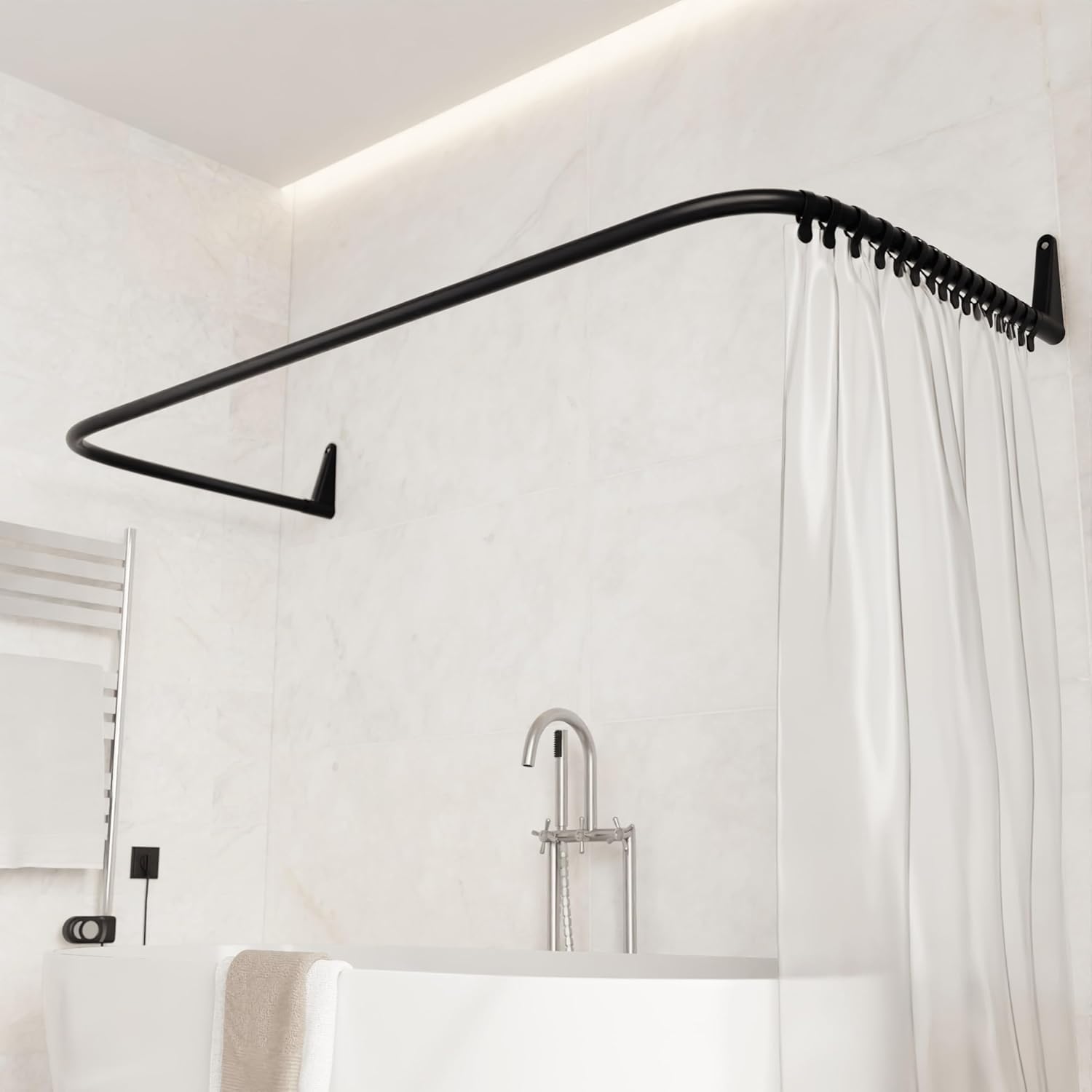 Erica Tubo Tenda Doccia a U, 70x165x70cm, Bastone per Tenda Doccia Angolare senza Supporto Soffitto, Rivestimento in Plastica senza PVC (Black)