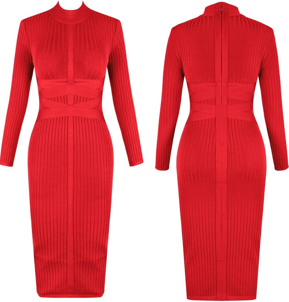UONBOX Women's Long Sleeves Cross Strap Ribbed Club Party Midi Bodycon Bandage Dress - Image 4