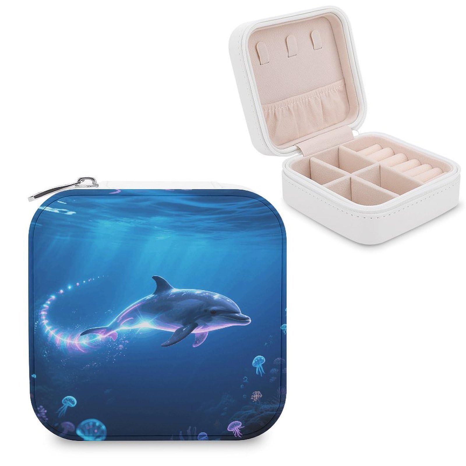 VstaDank Laser Dolphin Jewelry Box for Women Jewelry Organizer Storage Case with Zipper Mini Travel Jewelry Case Cute Trinket Organizer Leather Portable Jewelry Storage Box