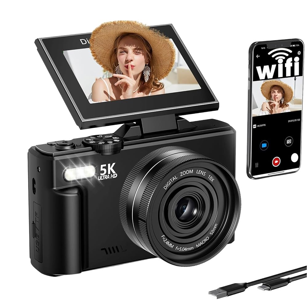 Fotocamera Vlog 5K Fotocamera Digitale WiFi Autofocus Schermo Flip 180°, Fotocamera Compatta per Fotografia per Principianti, Adolescenti A
