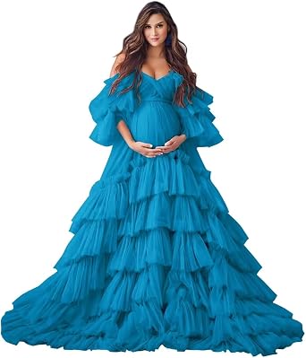 yinyyinhs Puffy Tulle Robe Maternity Dress for Photoshoot Off Shoulder Bridal Lingerie Maternity Gowns for BabyShower