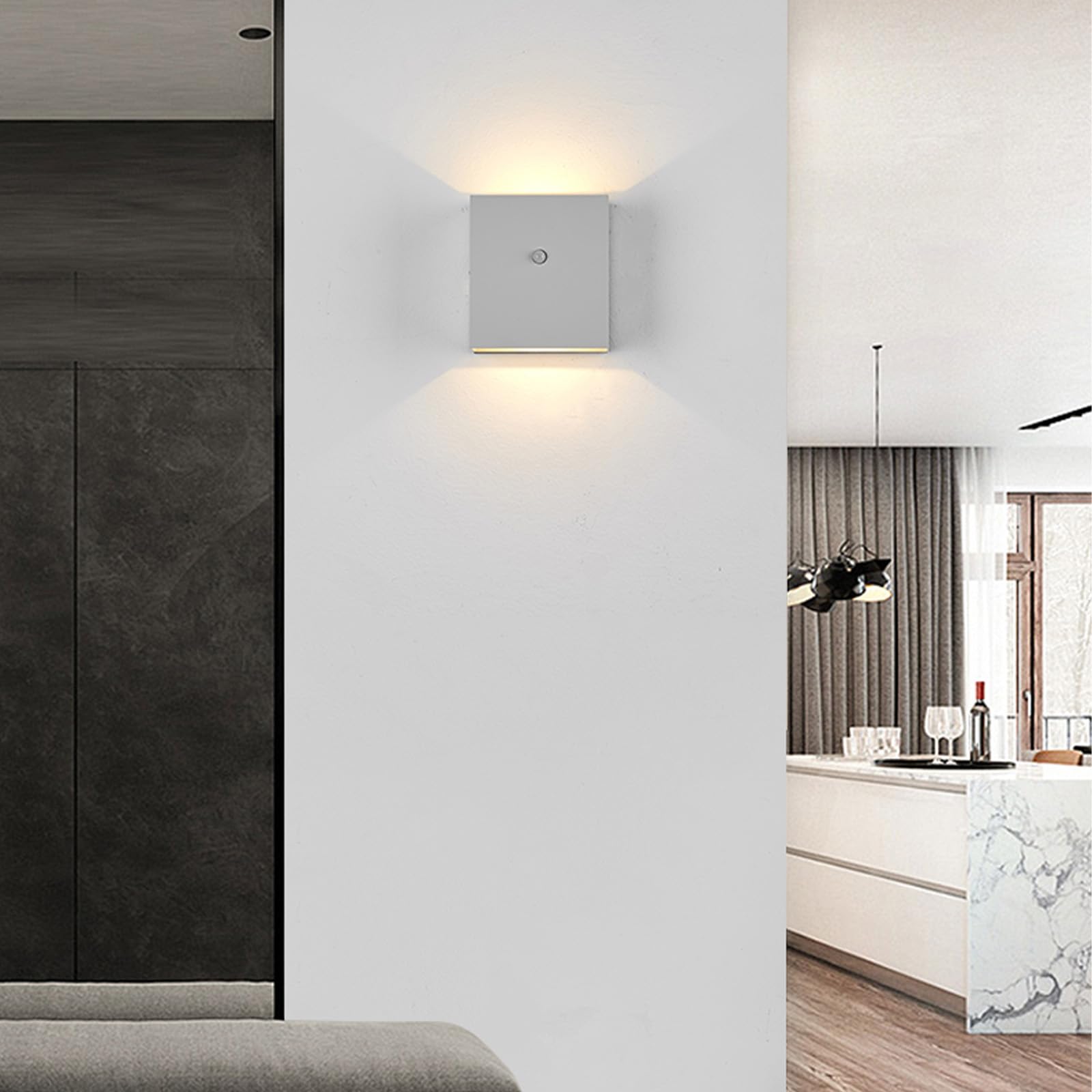 LED Interior Apliques de Pared con Sensor de Movimiento Recargable Lámparas de Pared Magnética Arriba Abajo Iluminación para Dormitorio Escaleras Sala de Estar Pasillo (Blanco Luz Blanca,2 Piezas)