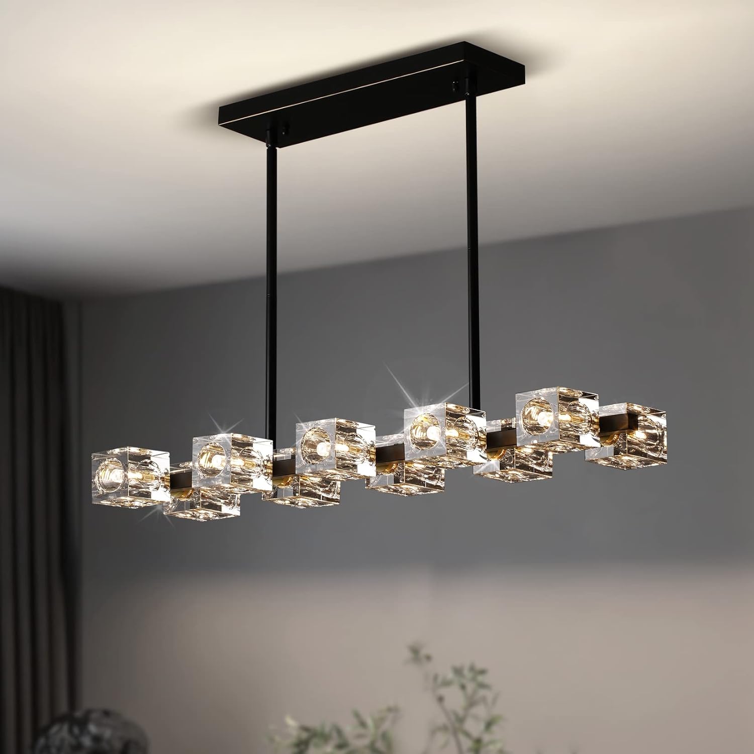 Dining Room Light Fixture,Modern Crystal Chandeleirs Semi Flush Mount Ceiling Light Fixture,Black Metal Crystal Pendant Light for Kitchen Island Farmhouse Dining Room,Living Room (10-Lights) Black+Gold(10-lights)