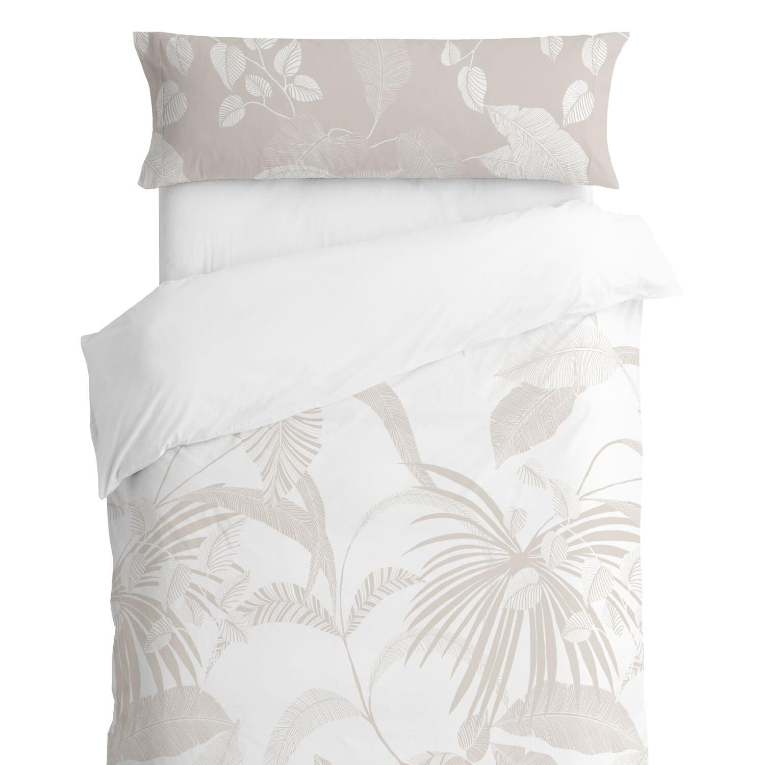Burrito Blanco | Funda Nórdica Estampada Algodón 200 Hilos Cama 135 Beige | Incluye Bajera y 2 Fundas de Almohada | Cierre de Botones | 100% Algodón | Tacto Suave | Larga Duración | Fácil Planchado
