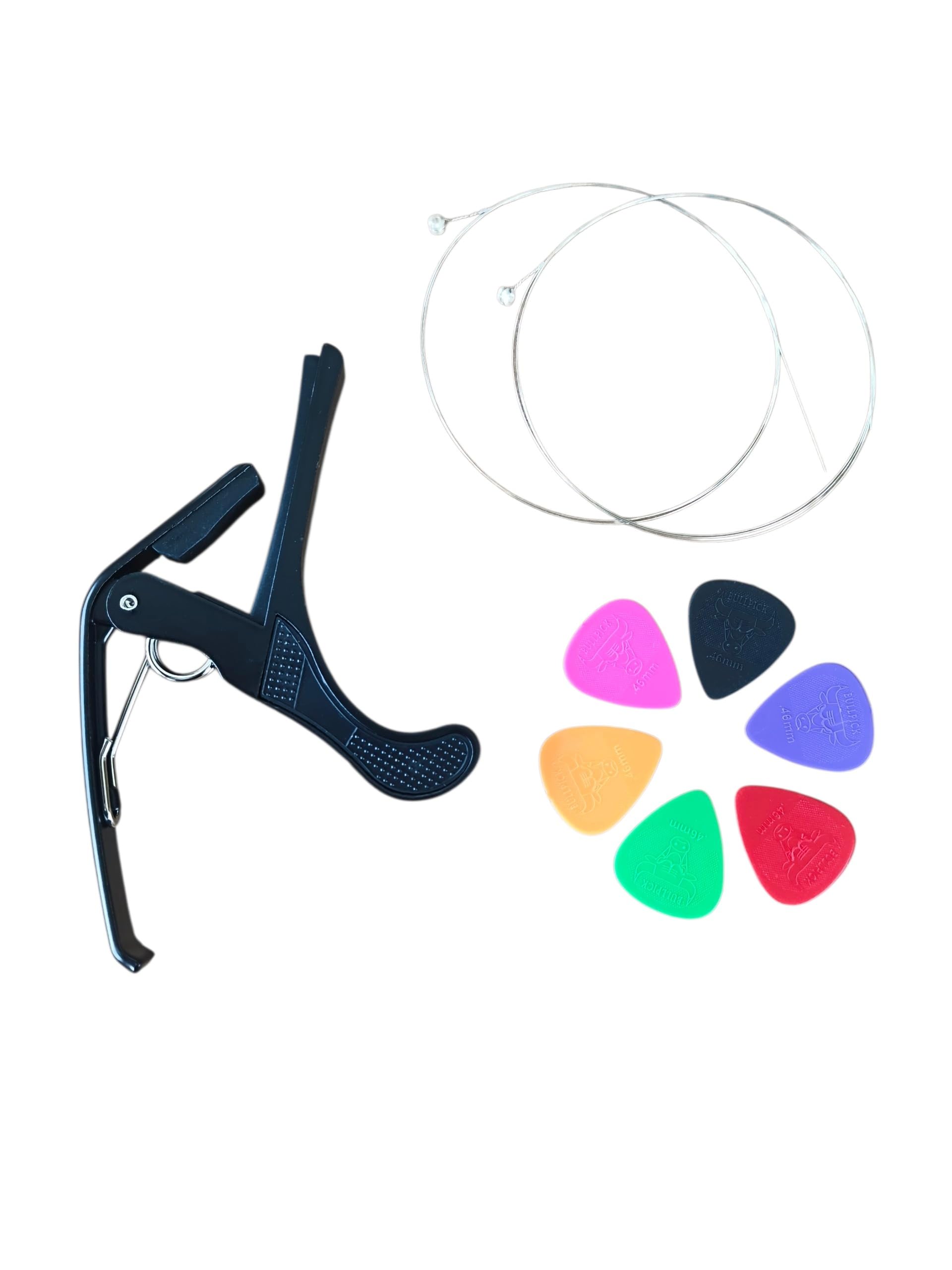 Guitar Capo with 2 E-1st Strings and 6 Plectrums Combo | Black Capo, Spare Strings Included, 6 Colourful Picks, Beginner Friendly, Multi-Piece Set-image-29
