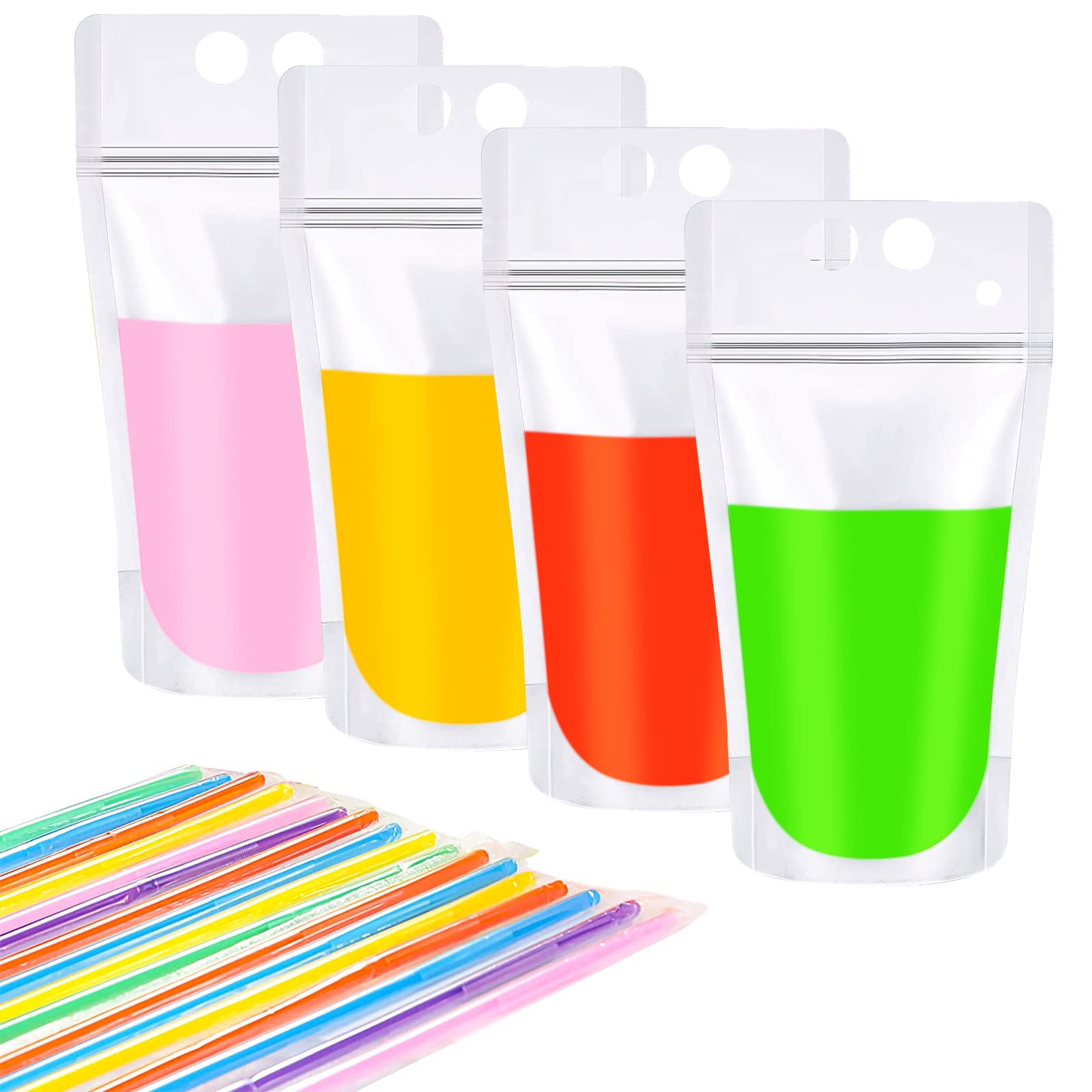 50 Pcs Drink Pouches For Adults，Reclosable Zipper Smoothie Bag Alcohol Capri Sun Pouches with 50 Straws for Cocktail Liquor Juice Party