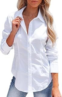 siliteelon Women's Wrinkle-Free Long Sleeve Button Down Shirts - Slim Fit Collared Blouses for Work Office Solid Colors