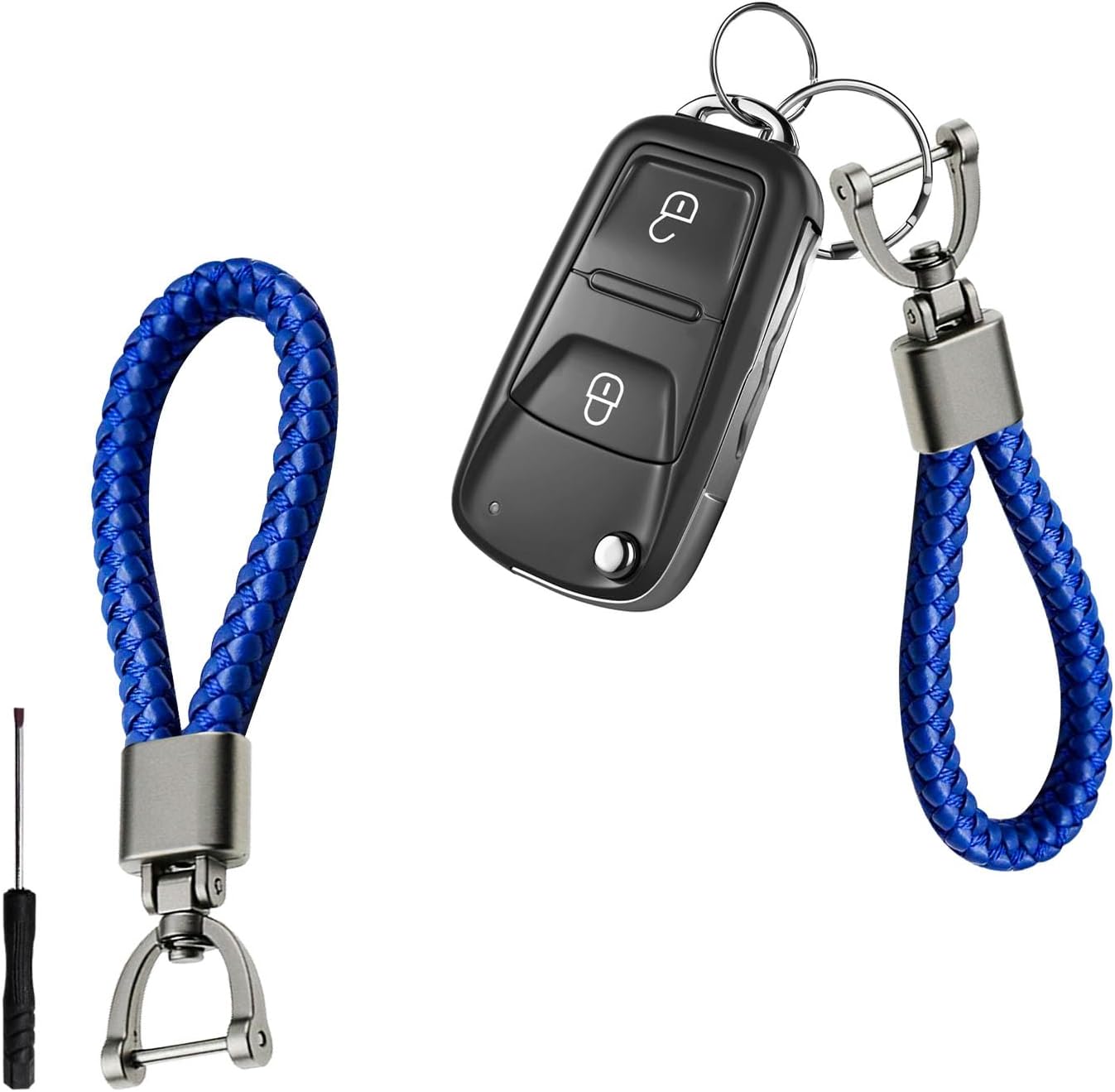 Augeny Braided Microfiber Leather Car Keychain, Weave Rope Metal Fob Key Chain with 360 Degree Rotatable D-Ring and Screwdriver, Universal Auto Keyring Strap for Men and Women (Blue)