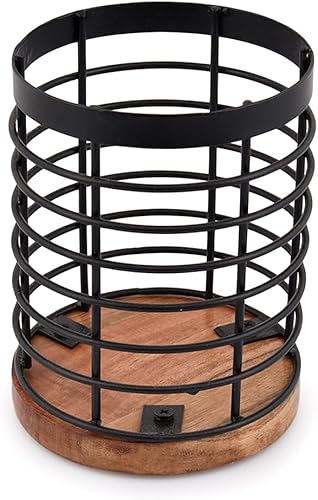 Miniatura 2 de EDHAS Soporte redondo para utensilios de cocina de hierro negro con base de madera de acacia, almacenamiento de cubiertos para encimera (4.5 x 4.5 x