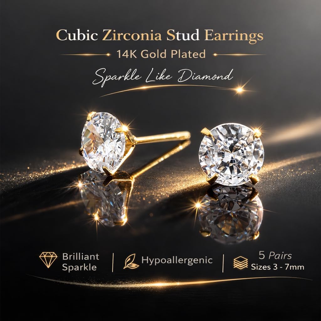 10 Pairs 14K Gold Plated Stud Earrings for Women, Pearl Ball Cubic Zirconia Hypoallergenic Jewelry Sets Piercing Studs Earrings for Women Gift