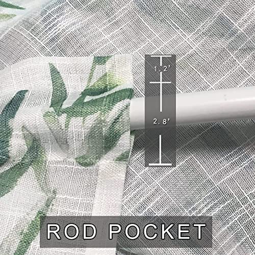 Suouo Linen Textured Semi-Sheer White Curtains For Living Room Print Green Leaves Bamboo Design Light Filtering Window Drapes Set For Bedroom Dining 52 X 84 Inch Length 2Panels Rod Pocket #TOP7