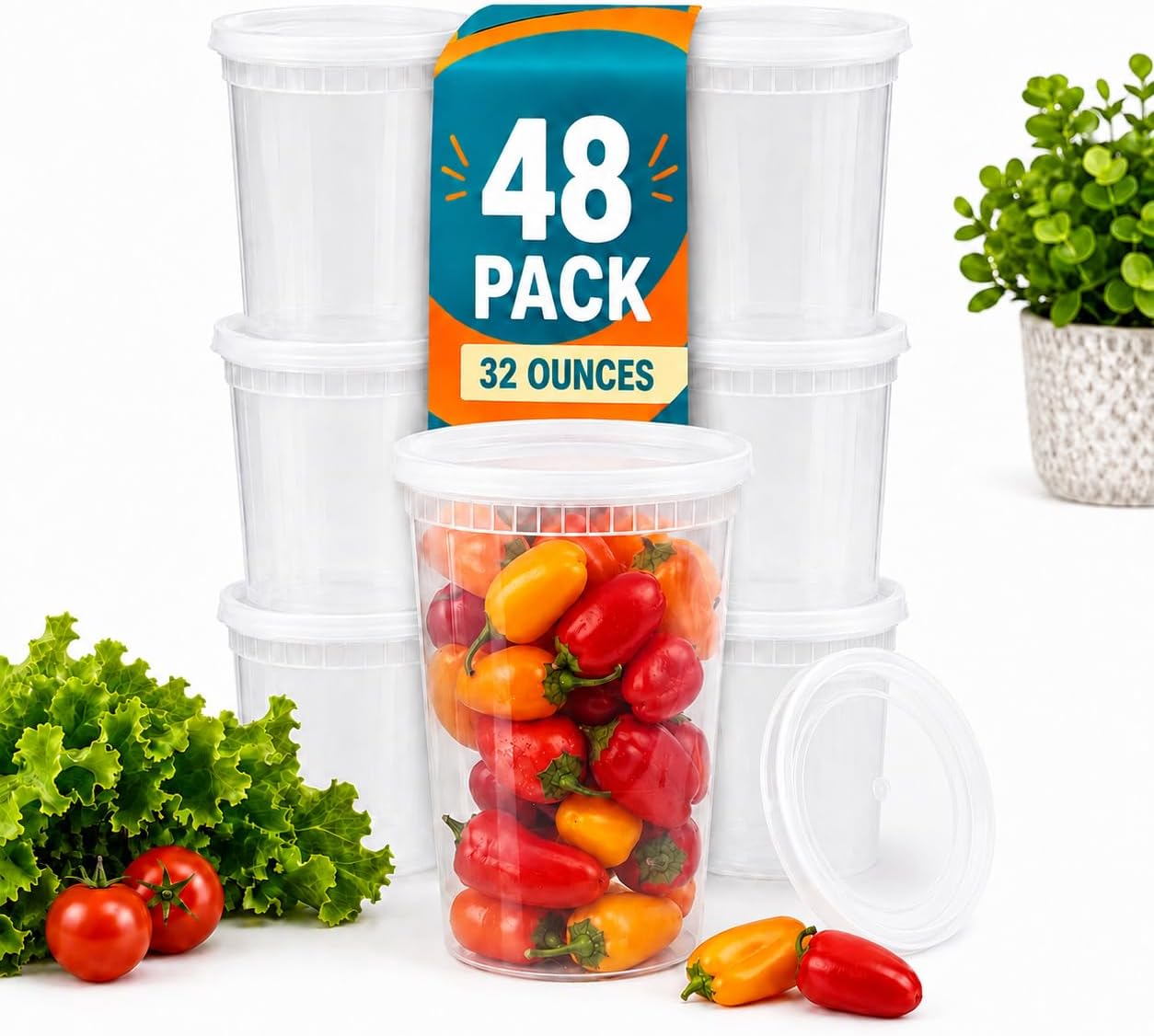 32 oz Deli Containers with Lids, 48 Pack, BPA Free Clear Food Storage Containers, Leak Resistant Plastic Soup Containers, Microwave/Freezer/Dishwasher Safe, Reusable Round Plastic Containers