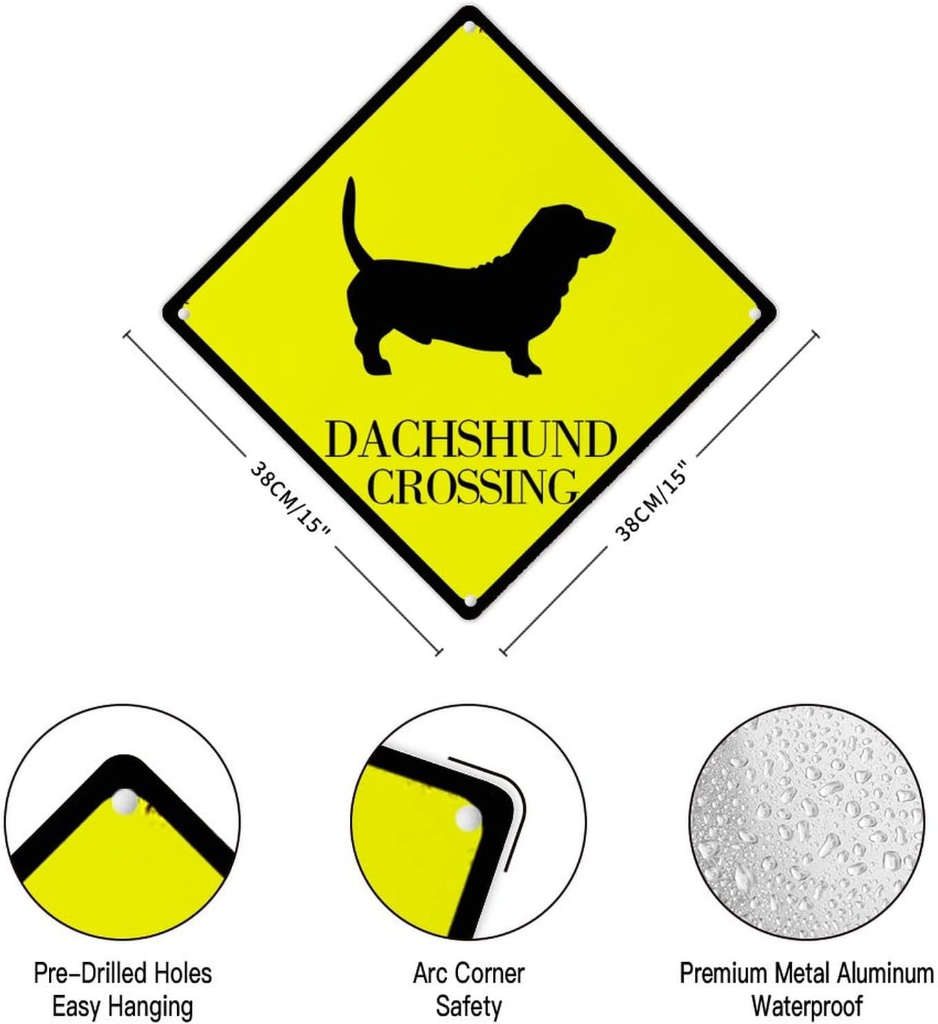 Dachshund Crossing Aluminum Sign Caution Dachshund Dog Metal Plaque Dachshund Crossing Rustic Vintage Porch Signs Yellow Diamond Shape Sign 15x15in Dog Mom Gift Metal Sign for Street Road Garden