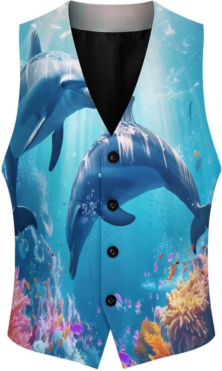 Dolphins Tropical Fish Ocean Mens Suit Vests V-Neck Casual Vest Dress Formal Tuxedo Wedding Waistcoat