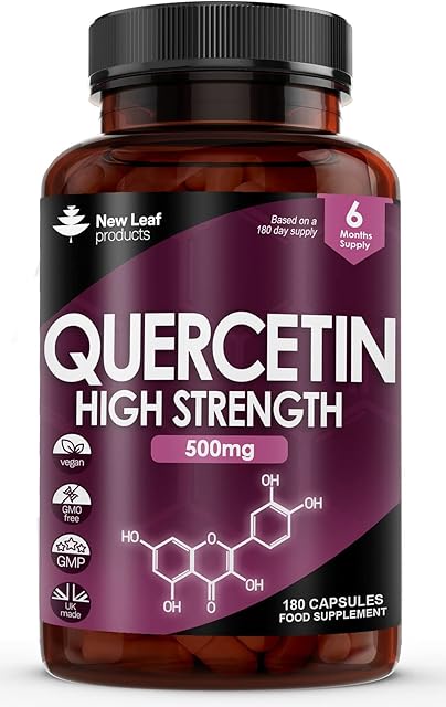 Quercetin 500mg High Strength Antioxidant Supplements (6 Months Supply) 180 Vegan Pure Quercetin Capsules Easy to Swallow - One A Day - Gluten Free & Non-GMO, Made in UK by New Leaf