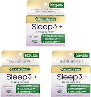 Nature's Bounty Sleep + Stress Support, Sleep3 Maximum Strength 100% Drug Free Sleep Aid, Dietary Supplement with Ashwagandha, Time Release Technology, 10mg, 28 Tri-Layered Tablets (Pack of 3)