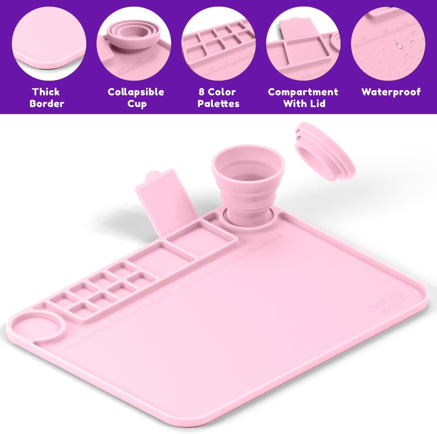 CHALKY CROWN - Silicone Mat with Silicone Cup for Crafts - Silicone Painting Mat - Thick Large Silicone Artist Mat with Cup & Raised Edge for Painting 17.7"x13.7" - Pink