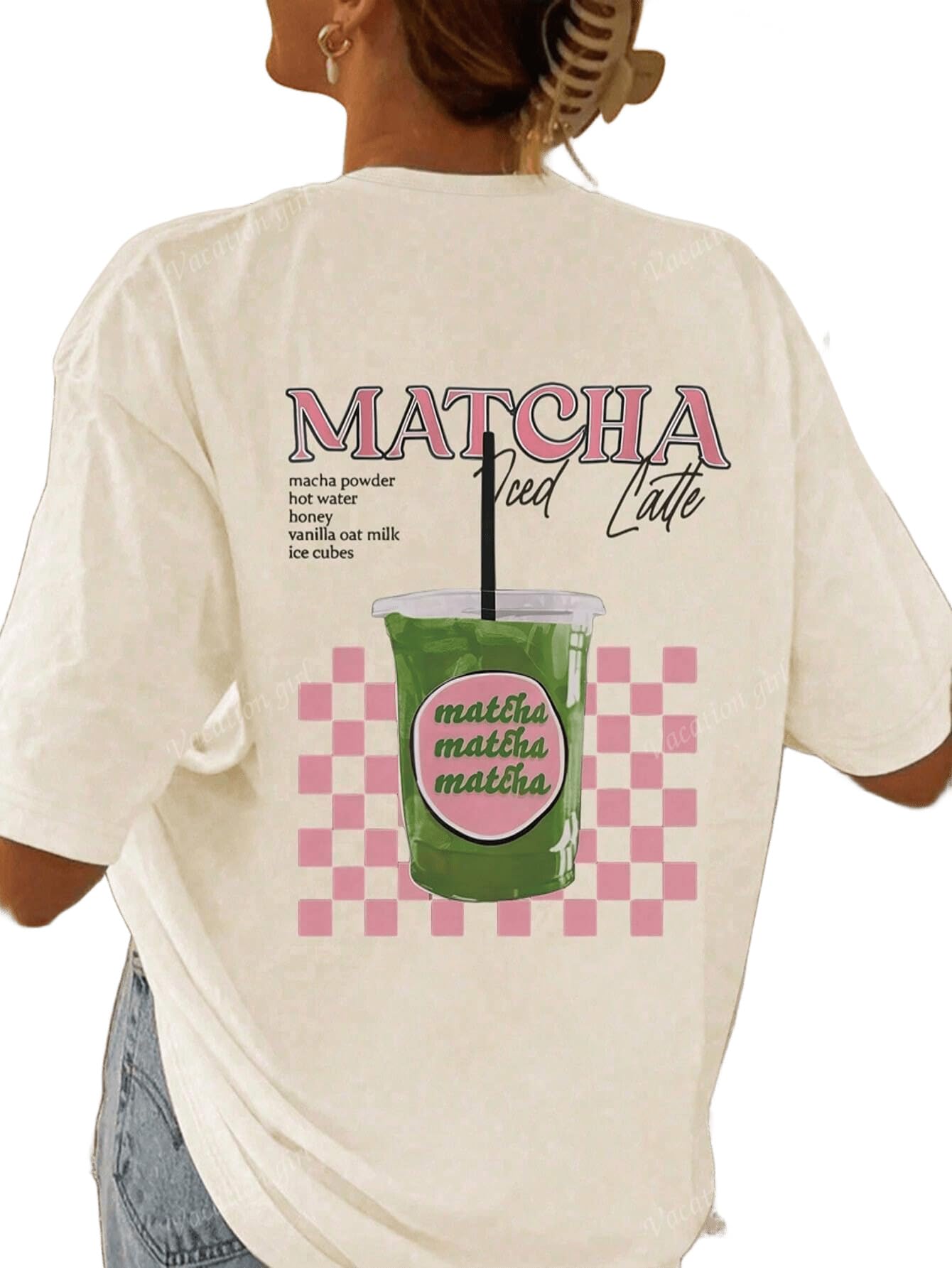 sxv style Matcha Latte Graphic T-Shirt, White Cotton, Pink Checkered Design, Recipe Print-picture-22