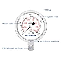 Vista 177 de MEASUREMAN - Manómetro hidráulico relleno de glicerina, totalmente de acero inoxidable, tamaño del dial de 2.5 pulgadas, montaje inferior NPT de 1/4