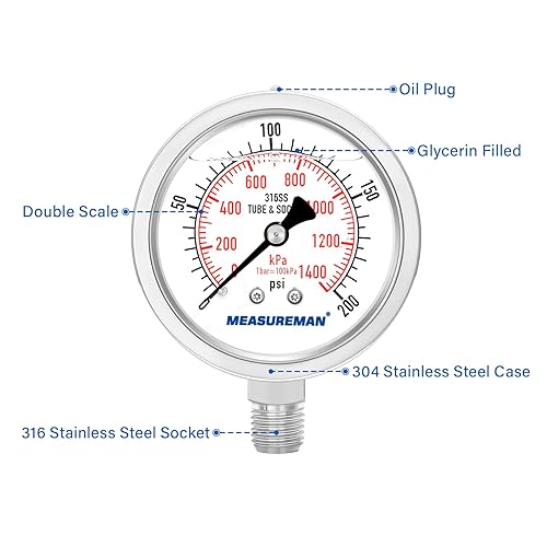 Miniatura 15 de MEASUREMAN - Manómetro relleno de líquido, tamaño del dial de 2.5 pulgadas, 0 a 200 psi/kPa, caja de acero inoxidable 304, montaje inferior NPT