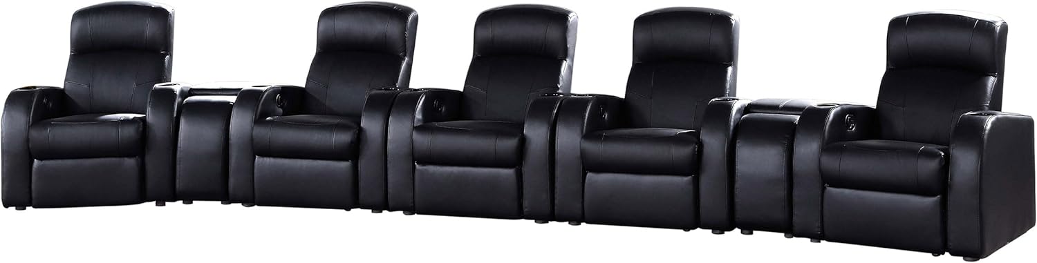 Coaster Home Furnishings - Cyrus - Wood - 7-Piece Upholstered Theater Seating with Cup Holders, Manual Recline and Hidden Storage - Living Room & Home Theater - Black - 600001-S5B