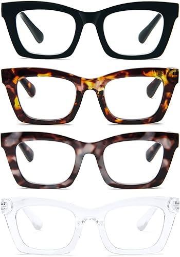 prtcslwd Paquete de 4 lentes de lectura para mujer, estilo Oprah, de gran tamaño, con bisagra de resorte cuadrada, lentes de bloqueo de luz azul