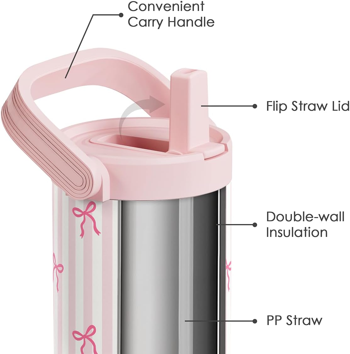 SANDJEST Bow Stainless Steel Straw Lid Tumbler 30oz with Carry Handle for Women Girls, Aesthetic Insulated Travel Coffee Cup, Gift for Sports Workout Christmas Birthday