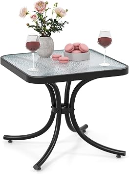 Tangkula Outdoor Side Table, 20 Inches Square End Table with Tempered Glass Top, Metal Frame, Small Patio Table for Garden, Backyard, Balcony, Poolside, Porch 1