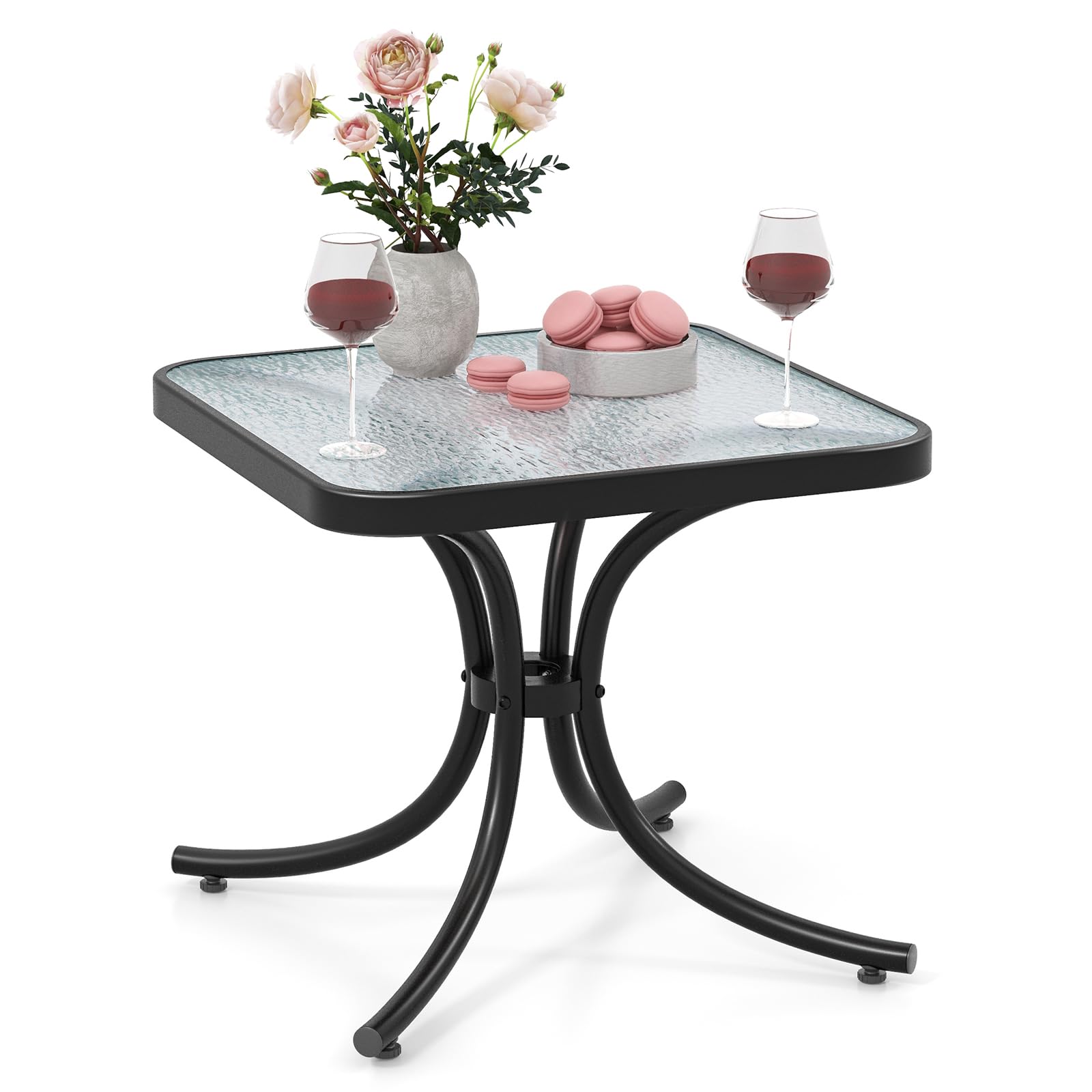 GIANTEX Table Basse Jardin 50 CM, Plateau en Verre Trempé Épaissi, Cadre en Métal Robuste, Charge 100 KG, Table Balcon Extérieur pour Jardin, Balcon, Terrasse, Noir