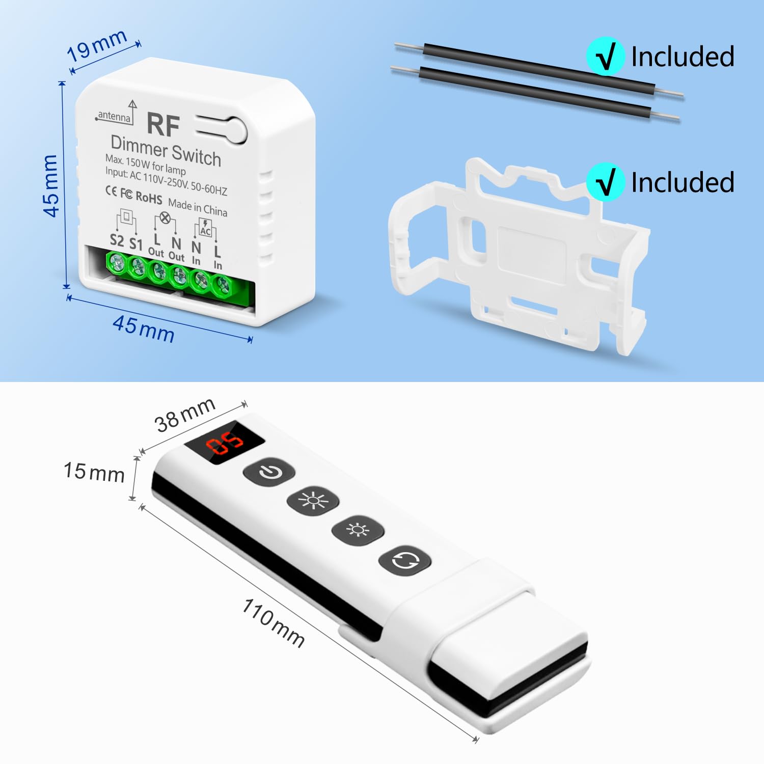 Interruptor De Luz Atenuador Inalambrico Con Controles Remotos, Tedeligo AC220V Control De Interruptor Regulable Para 10-150W LED Y Halógeno, Compatible Con Interruptores Atenuación (No necesita WIFI)