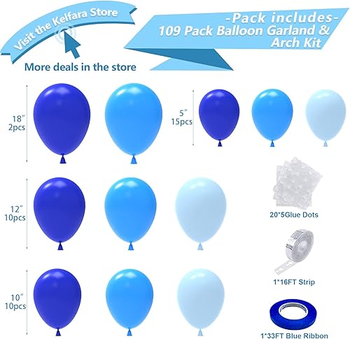 Miniatura 2 de Kit de Arco de Guirnalda de Globos Azules, Kelfara 109 Piezas Globos Azul Real Azul Pastel, Globo de Látex de 1810125 Pulgadas para Baby Shower