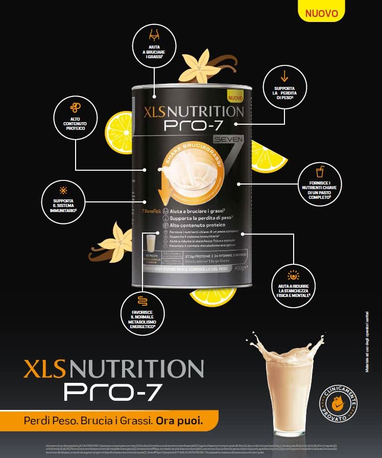 XLS Nutrition Pro-7 Pasto Sostitutivo per Controllo del Peso, Shake Bruciagrassi, 7 Benefici, 10 Pasti, Gusto Vaniglia e Agrumi, 400 g - Image 4