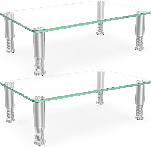 Hemudu 2 Pack Monitor Riser, Height Adjustable Tempered Glass Stand for Monitor, Laptop, TV and Printer