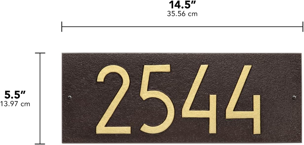 Whitehall Personalized Cast Aluminum Address Plaque, Custom Modern Horizontal House Number Sign, 14.5 x 5.5 inch Rectangle, Dark Bronze with Goldtone Numbers