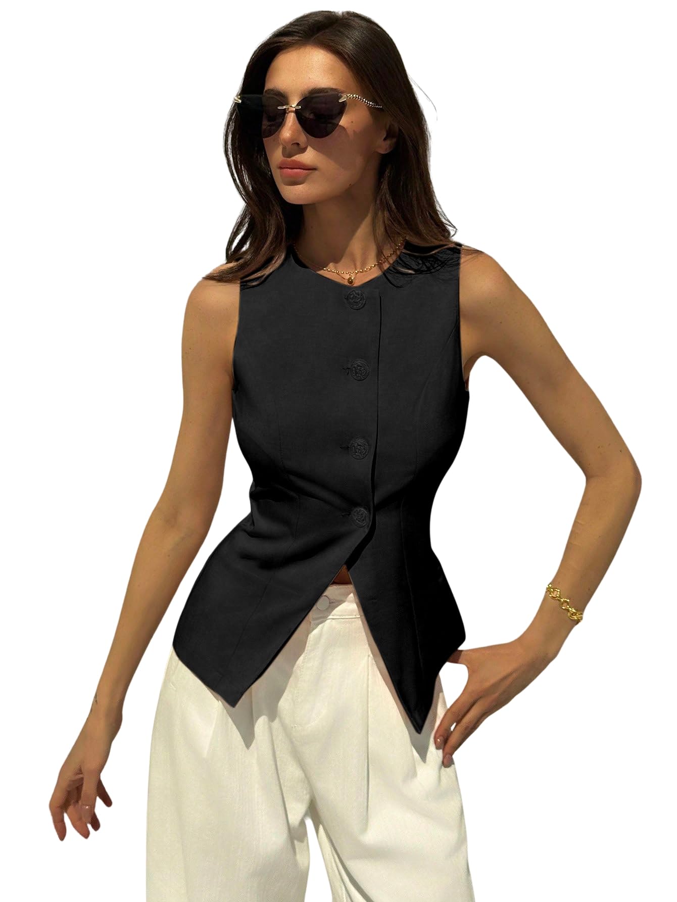 Solid Modern Sleeveless Fitted Waist Slim Round Neck Blazer& Top for Women's & Girl's